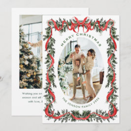 Festive Sage Green Christmas Bow Ribbon 2 Photo Ho Julkort