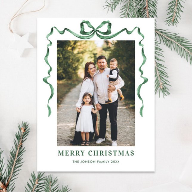 Festive Sage Grönt jul Bow Ribbon 2 Photo Vykort (Skapare uppladdad)