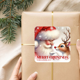 Festive Santa Claus Rudolph Personalized Kids Gift Fyrkantigt Klistermärke