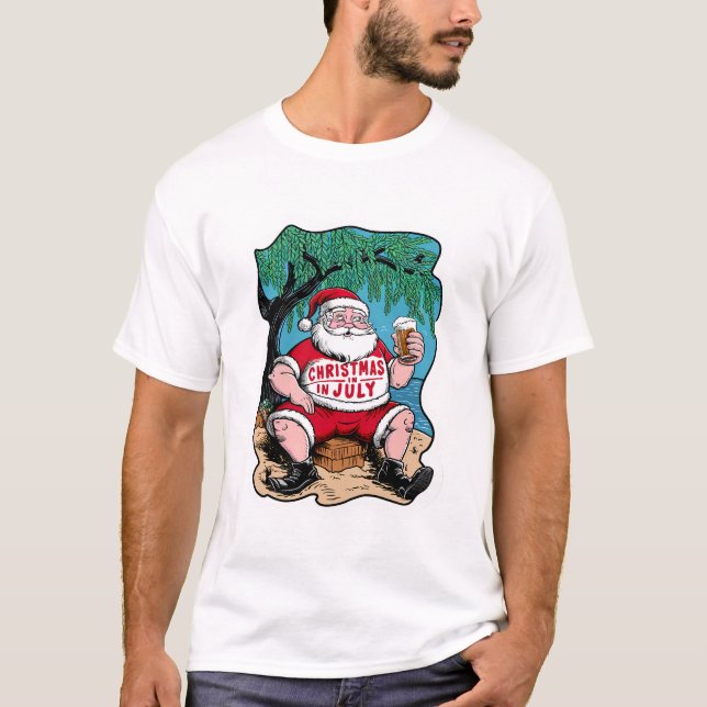Festive Santa Enjoying Beer under Träd T Shirt (Framsida)