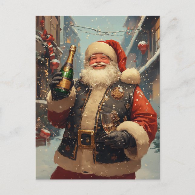 Festive Santa Firande med Champagne Helg Vykort (Framsida)