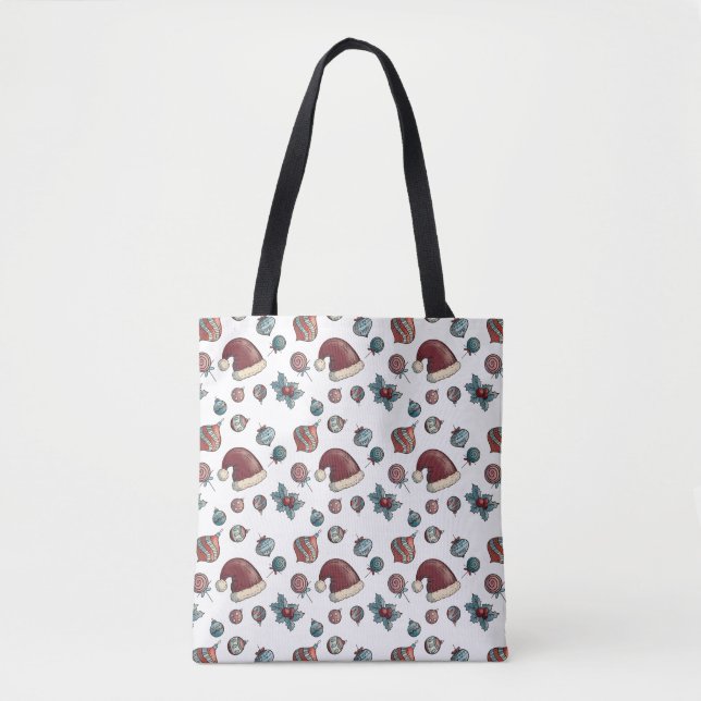 Festive Santa Hat & Candy jul Tote Bag Tygkasse (Framsida)