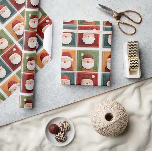Festive Santa Pattern in Bright Blocks Presentpapper (Hantverk)