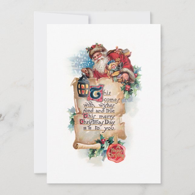 Festive Santa w/Lantern och Rulla och Hälsning Julkort (Framsida)