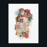 Festive Santa w/Lantern och Rulla och Hälsning Vykort<br><div class="desc">Jolly vintage Tomten håller lantern med presenter bakom antika banderoller med holly och jul önskemål. Baksidan har kompletterande grafik och redigerbar fält.</div>