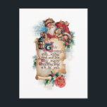 Festive Santa w/Lantern och Rulla och Hälsning Vykort<br><div class="desc">Jolly vintage Tomten håller lantern med presenter bakom antika banderoller med holly och jul önskemål. Baksidan har kompletterande grafik och redigerbar fält.</div>