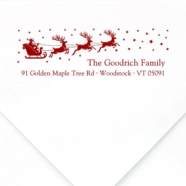 Festive Santa's Sleigh-Returadressen Självfärgande Stämpel (Elegant, festive Santa's reindeer sleigh and stars Christmas self-inking return address stamp.)