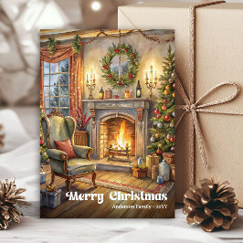 Festive scene greeting card red green traditional julkort