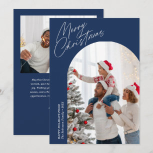 Festive script blue christmas arch julkort