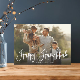 Festive Script Overlay Hanukkah Photo Julkort