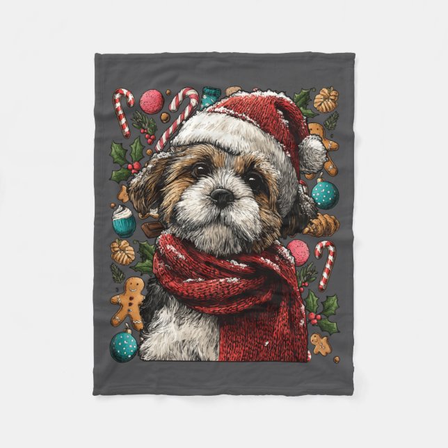 Festive Shih Tzu With Santa Hat Snowy Winter Chris Fleecefilt (Framsidan)