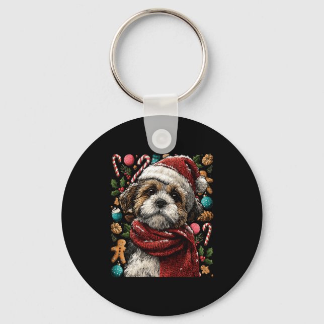 Festive Shih Tzu With Santa Hat Snowy Winter Chris Nyckelring (Framsida)
