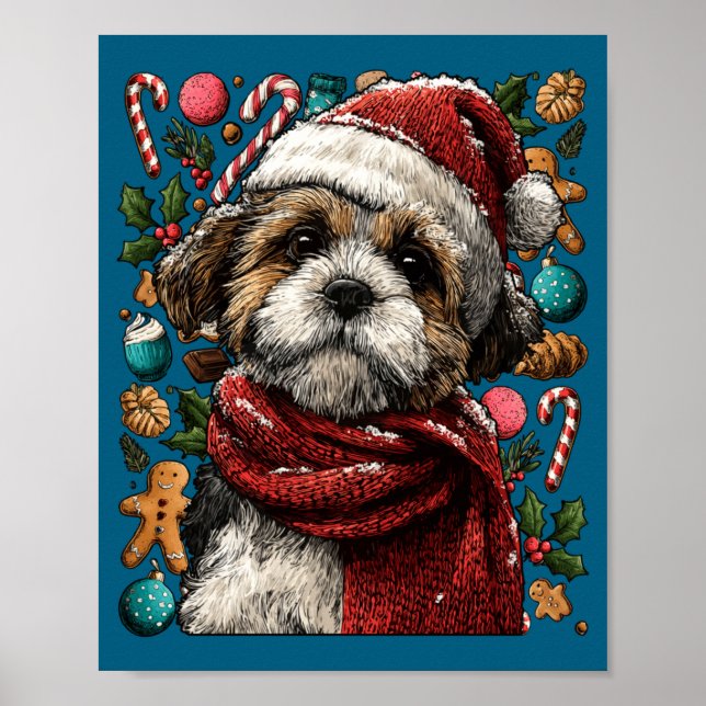 Festive Shih Tzu With Santa Hat Snowy Winter Chris Poster (Framsidan)