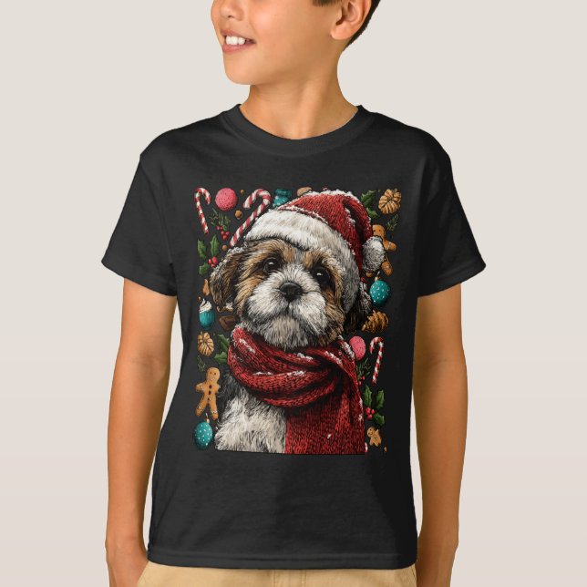 Festive Shih Tzu With Santa Hat Snowy Winter Chris T Shirt (Framsida)