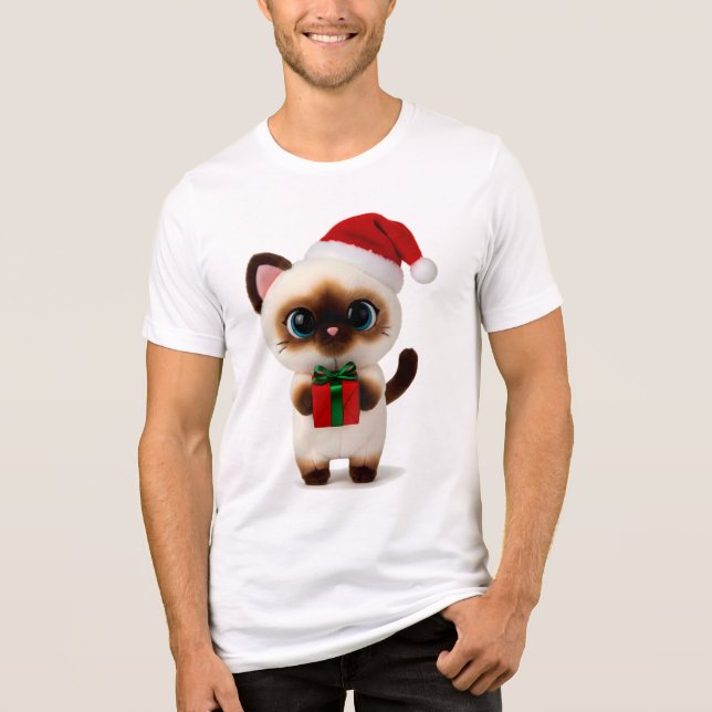 Festive Siamese Cat with Santa Hat and Gift Box T Shirt (Framsida)