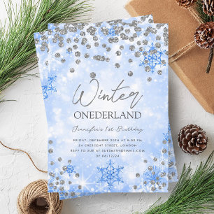 Festive Silver Blue Winter ONEDERLAND 1:a födelsed Inbjudningar