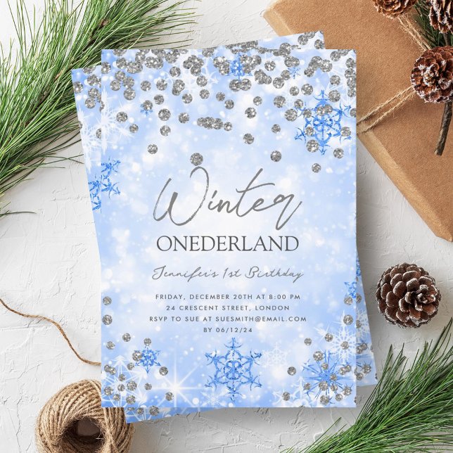 Festive Silver Blue Winter ONEDERLAND 1:a födelsed Inbjudningar (Festive Silver Blue Winter ONEDERLAND 1st Birthday Invitation)