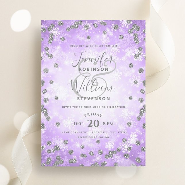 Festive Silver Lila Glitter Winter Wedding Inbjudningar (Festive Silver Purple Glitter Winter Wedding Invitation)