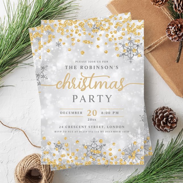 Festive Silver Winter Diamonds jul Guld Inbjudningar (Festive Silver Winter Diamonds Christmas Gold Invitation)