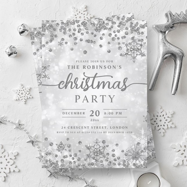 Festive Silver Winter Diamonds jul Party Inbjudningar (Festive Silver Winter Diamonds Christmas Party Invitation)