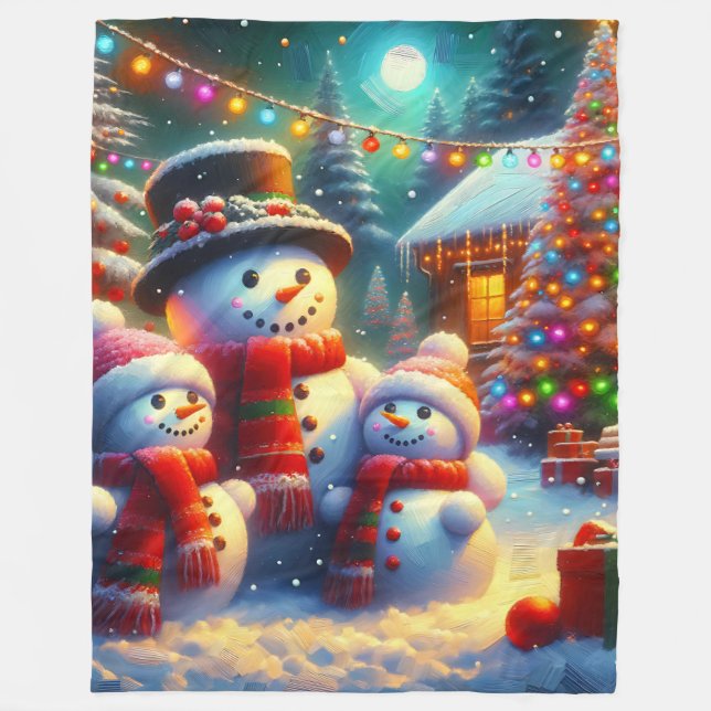 "Festive Snögubbe Family julscen" Fleecefilt (Framsidan)
