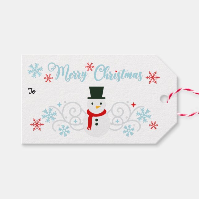 Festive Snögubbe och Blue Snöflingor Presentetikett (Framsidan (Horizontal))