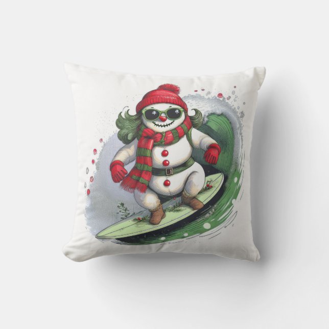 Festive Snögubbe Surfing the Helgdagars Pillow Kudde (Framsida)