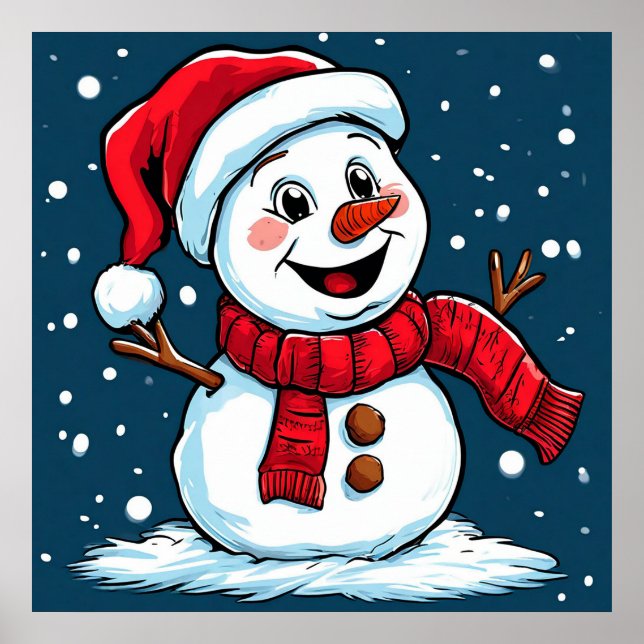 Festive Snögubbe Tecknad med Santa Hat Poster (Framsidan)