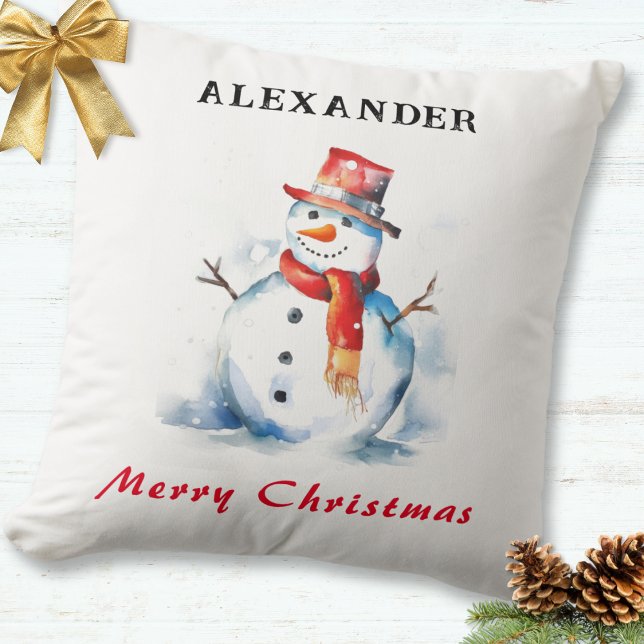 Festive Snögubbe Whimsical Anpassningsbar God jul Kudde (A personalized festive throw pillow, with snowman picture and Merry Christmas greeting)