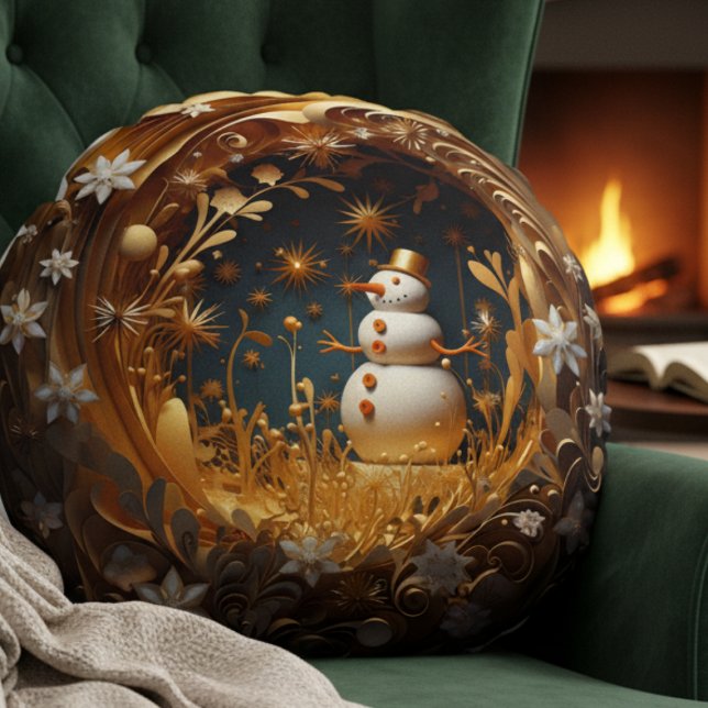 Festive Snowman Rund Kudde (teal gold winter wonderland snowman festive throw pillow Christmas gift, cozy home accent)