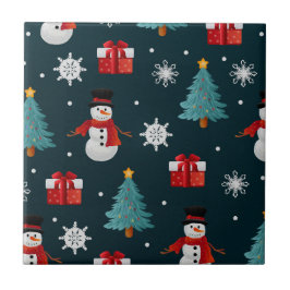Festive Snowmen Christmas Trees and Gifts Pattern Kakelplatta