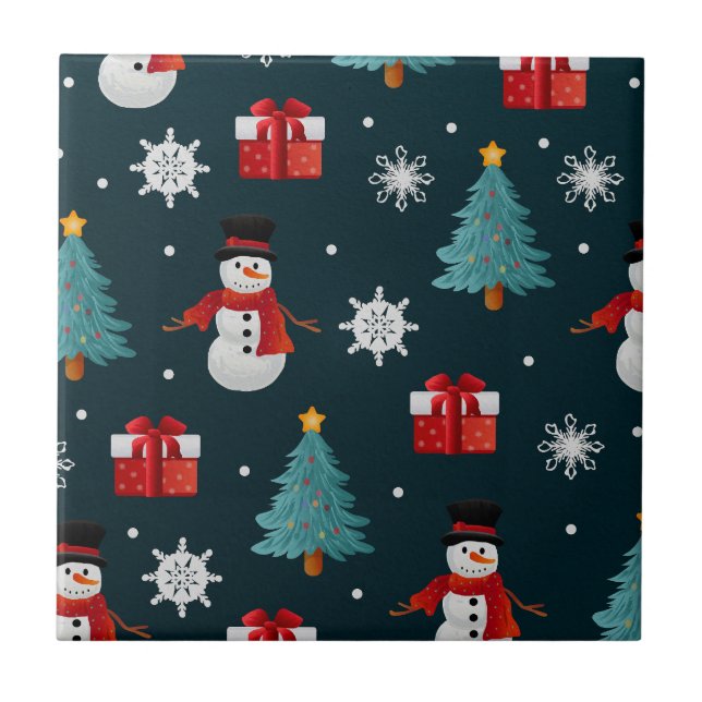 Festive Snowmen Christmas Trees and Gifts Pattern Kakelplatta (Framsidan)
