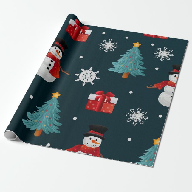 Festive Snowmen Christmas Trees Holiday Gift Presentpapper (Utrullad)