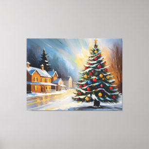 Festive Snowy Cabin med Julgran Canvastryck