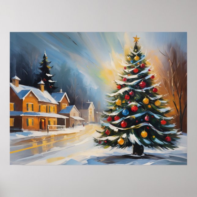 Festive Snowy Cabins med Julgran Poster (Framsidan)