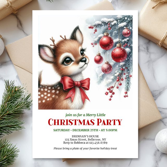 Festive snowy forest baby deer Christmas invites Inbjudningar (Festive snowy forest baby deer Christmas invitation printable)