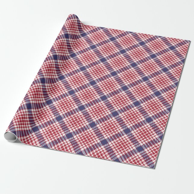 Festive Snyggt Red White & Blue Tartan Mönster Presentpapper (Utrullad)