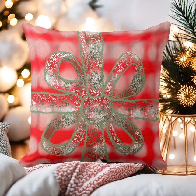 Festive, söt, rödvit grått-grönt-båge kudde (Skapare uppladdad)