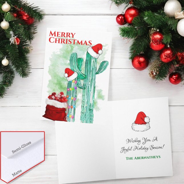 Festive Southwest Saguaro Cactus Anpassningsbar Helgkort (Folding Christmas card cover and inside template text)