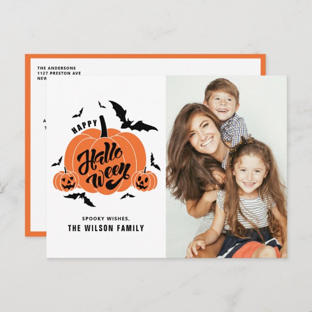 Festive Spooky Pumpkins Happy halloween Photo Helg Vykort (Fram/baksida)