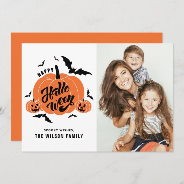 Festive Spooky Pumpkins Happy halloween Photo Julkort (Fram/baksida)