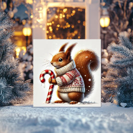 Festive Squirrel med nitat Sweater and Candy Julkort