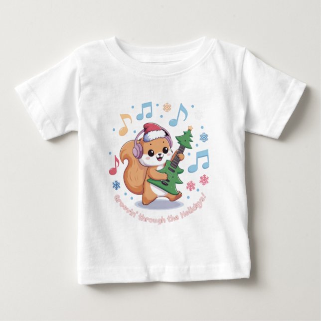 Festive Squirrel Playing Guitar Surrounded by Snow T Shirt (Framsida)
