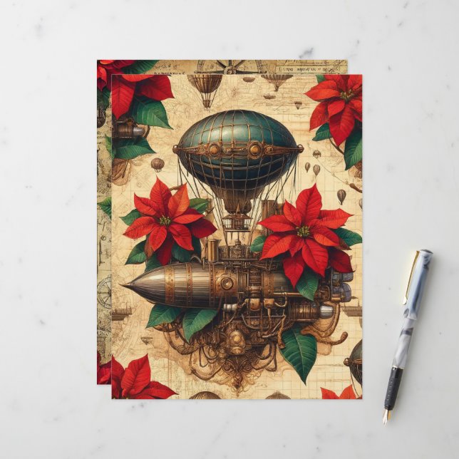 Festive Steampunk Airship with Poinsettia Blommigt (Fram/Back In Situ)
