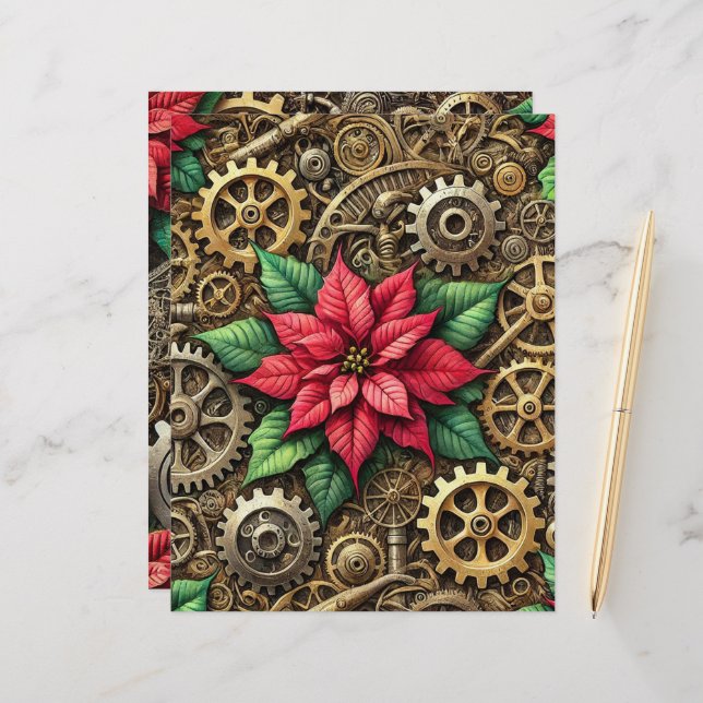 Festive Steampunk Clockwork Gears med Poinsettia (Fram/Back In Situ)