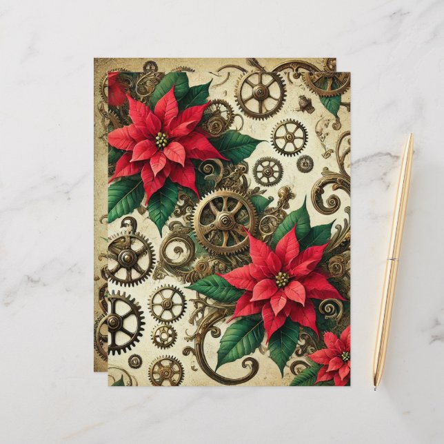 Festive Steampunk Cogs and Gears with Poinsettia (Fram/Back In Situ)