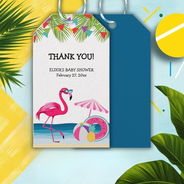 Festive Summer Beach Rosa Flamingo Baby Shower Presentetikett (Skapare uppladdad)