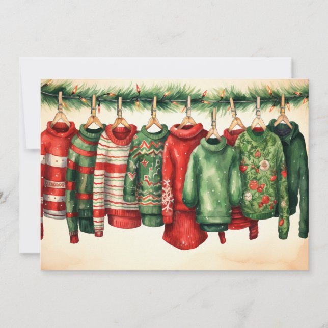 Festive Sweaters Hanging on a Clothesline Julkort (Framsida)