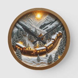 Festive tåg resa genom snötoppar rund klocka