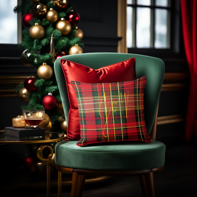 Festive Tartan 'Joy' Calligraphy Decorative Kudde (Christmas Decor, Classic Christmas Tartan 'Joy' Script Decorative Throw Pillow, Red and Green )
